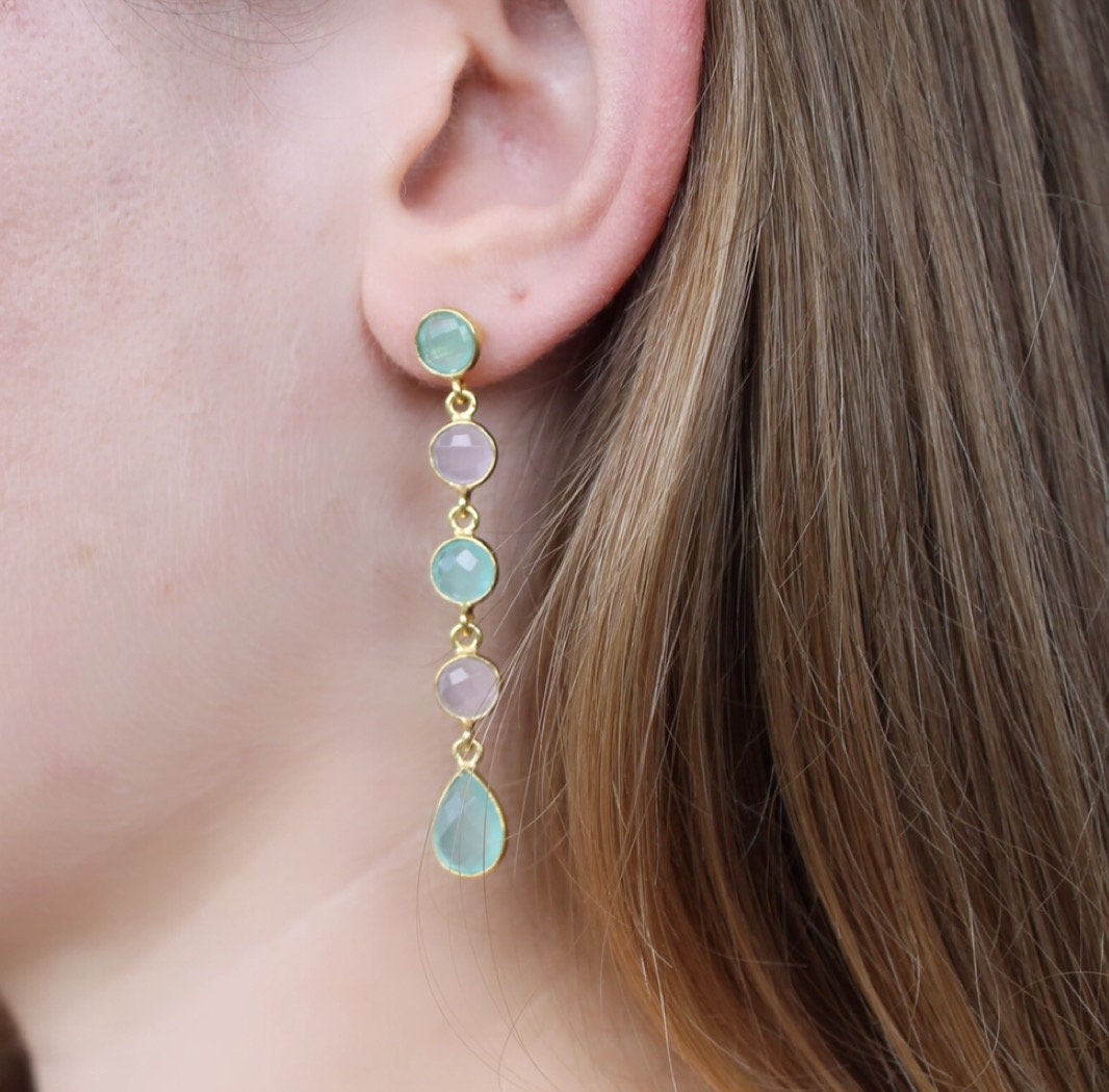 Lange Ohrringe, Vergoldete Ohrhänger, Aqua Chalcedon Ohrhänger, Mondstein Ohrring, Rund Ohrring, Edelstein Ohrring, Minimalist Ohrring, B'gift von Jewelsmilano