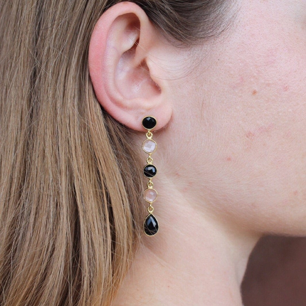Lange Schwarzer Onyx Ohrring, Baumelnder Schwarzer Pfirsich Mondstein Baumeln Ohrringe, Multi Edelstein Minimalist Ohrring, B'gift von Jewelsmilano