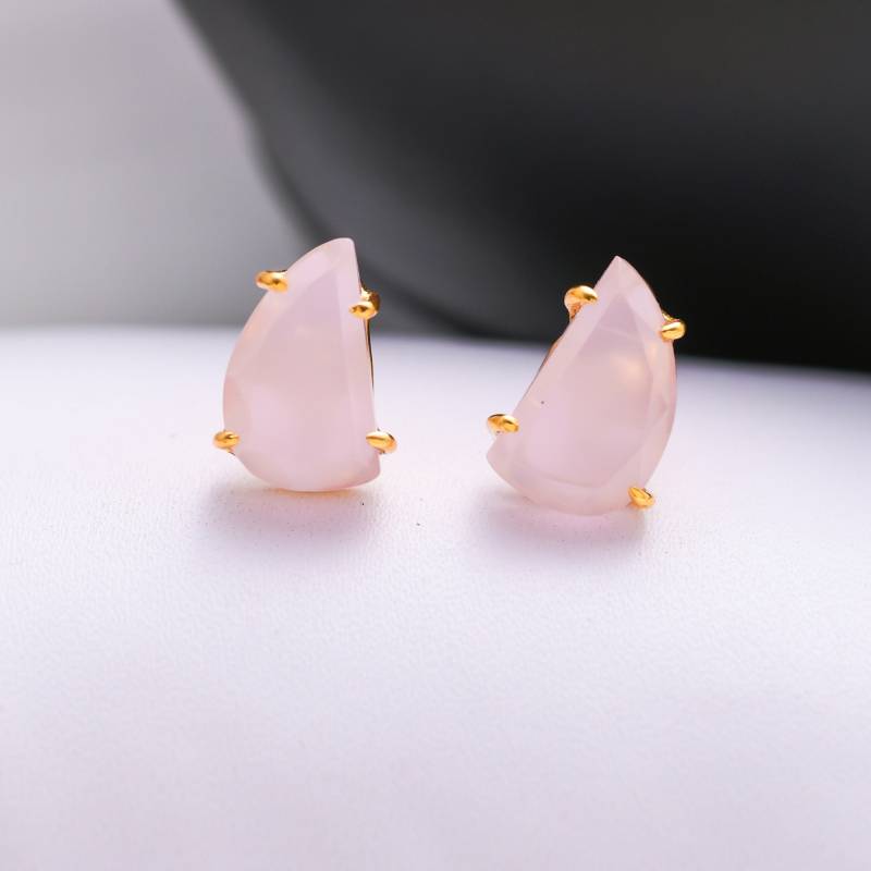Rosenquarz Gold Überzogene D-Form Ohrring, Rosa Edelsteinohrring, Rosenquarzbaumelnohrring, Tropfenohrring, Brautjungfer von Jewelsmilano