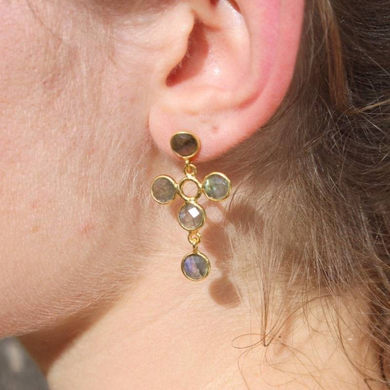 Rund Labradorit Ohrring, Runde Gold Edelstein Schmuck, Filled Draht Statement Baumeln Ohrring von Jewelsmilano