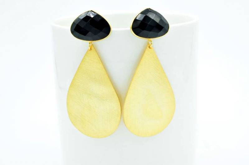 Schwarzer Onyx Messingohrring, Schwarzer Ohrstecker, Vergoldeter Ohrring, Baumeln Schwarze Farbe Geschenk von Jewelsmilano