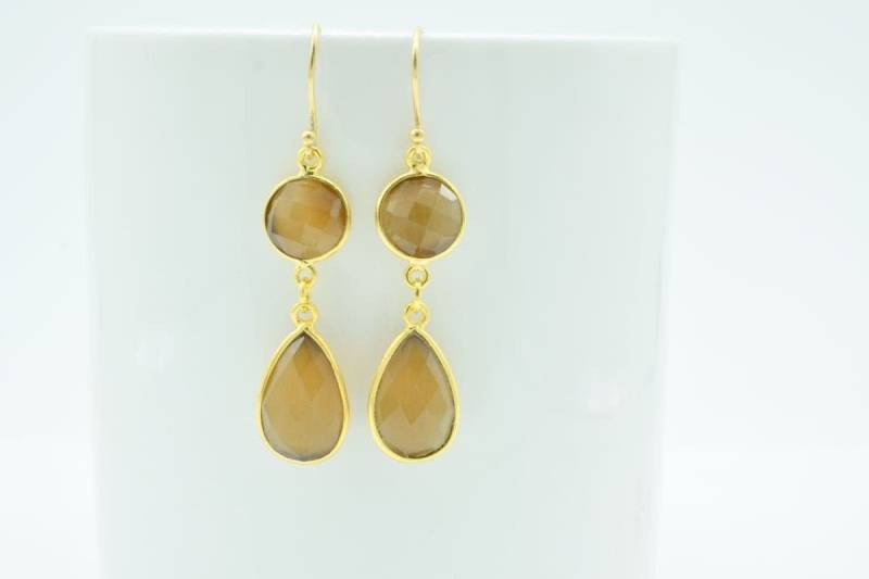 Smoky Chalcedon Ohrring, Braune Farbe Baumeln Ohrringe, Gold Zarte Natürliche Ohrring, Boho Ohrring, Dual Stein von Jewelsmilano