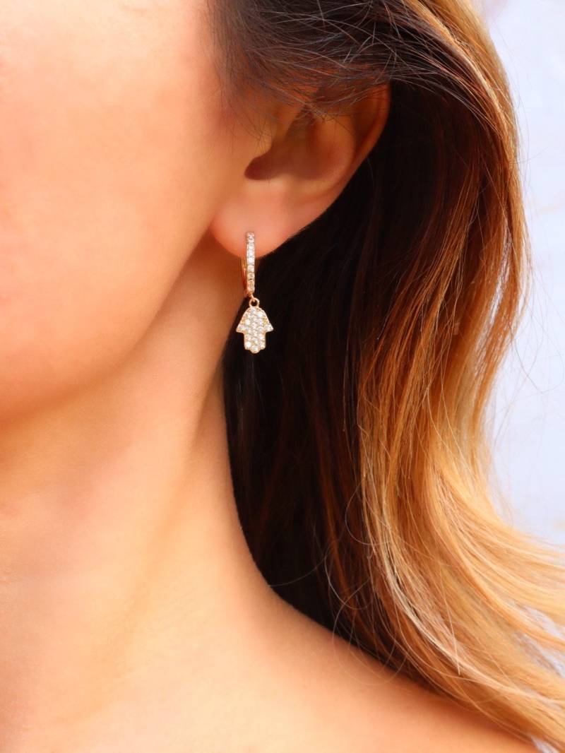 18K Hamsa Ohrringe, Schmuck, Geschenke Für Sie, Viel Glück, Goldene Statement-Ohrringe, Goldschmuck von JewelsofAgea