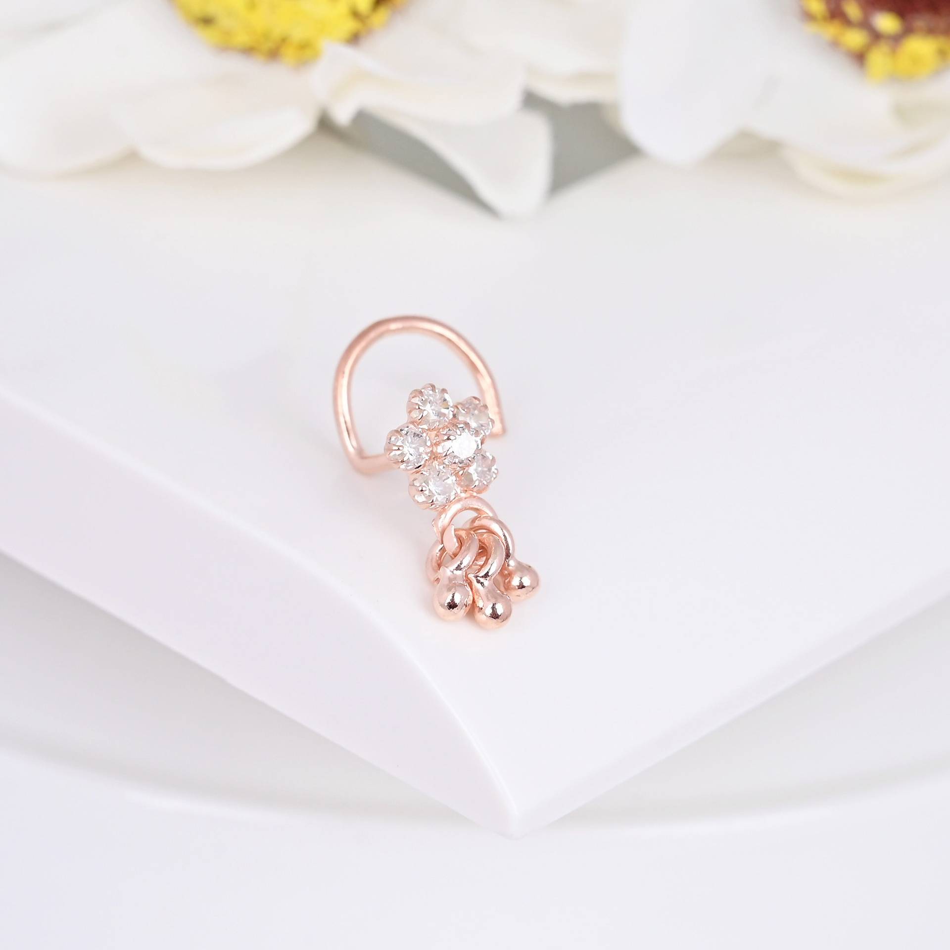 22G Baumelnden Ball Nasenstecker 18K Rose Gold Poliert Klare Diamant Linke Nasenschraube von Jewelsstore18