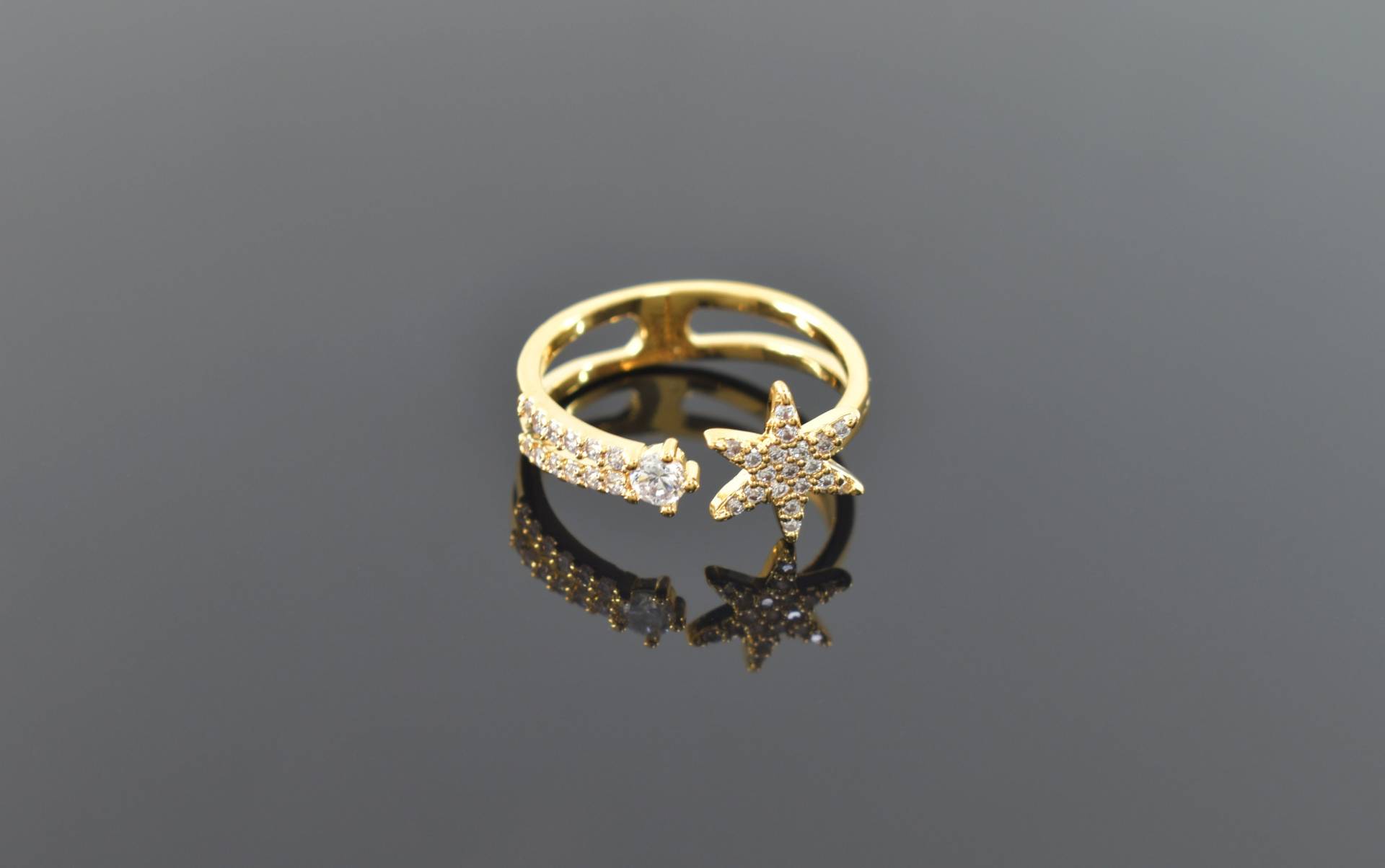 Ring, Rw-111G, 1 Stück, Cz Sternring, 16K Glänzend Vergoldetes Messing, Verstellbarer Innen 17mm von JeweltechDesigns