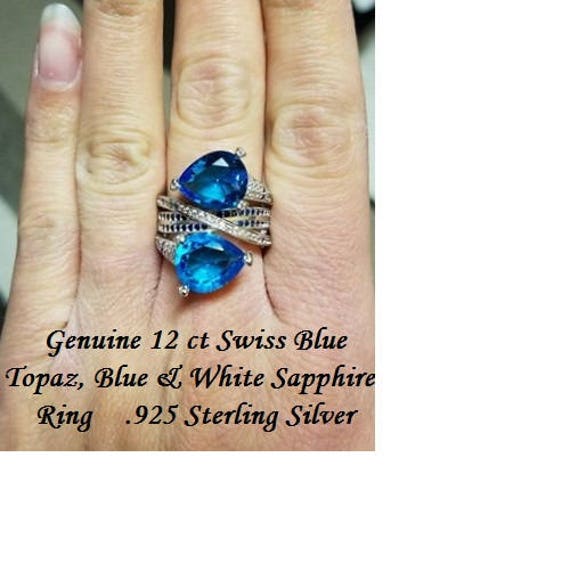 Echte 12 Ct Schweizer Blau Topas, & Weiß Saphir Ring Größe 7 von JewelyBySuzette
