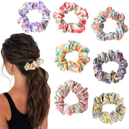 Jewemia Blumen-Haargummis für Damen, hawaiianische Haargummis, Chiffon, elastisch, niedliches Date-Geschenk, Haarschmuck für Mädchen, 7 Stück von Jewemia