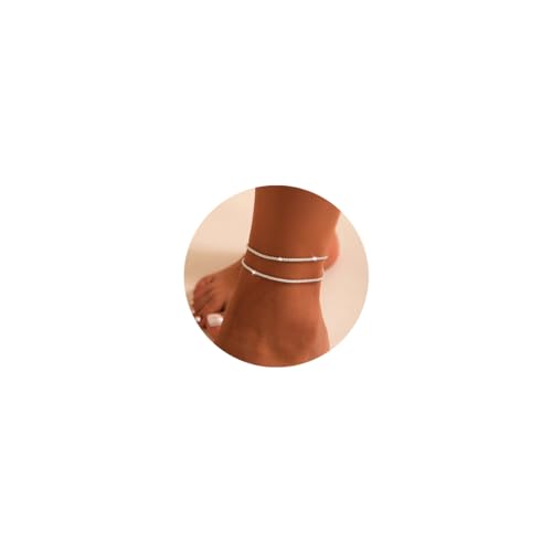 Jewemia Damen-Fußkettchen, glitzernd, mehrlagig, verstellbar, goldfarben, glänzend, barfuß, Strand-Fußkettchen für Damen, 2 Stück (Gold und Silber) von Jewemia