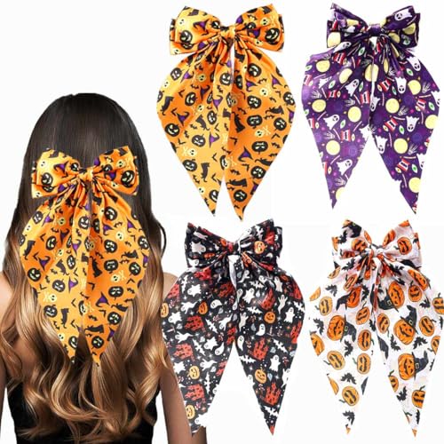 Jewemia Haarschleifen für Damen, Spinnen-Haarschleife, Haarspangen, Fledermaus, Satin-Haarspangen, Kürbis, Halloween-Haarschmuck, Geschenke für Frauen und Mädchen, 4 Stück (Kürbis-2) von Jewemia