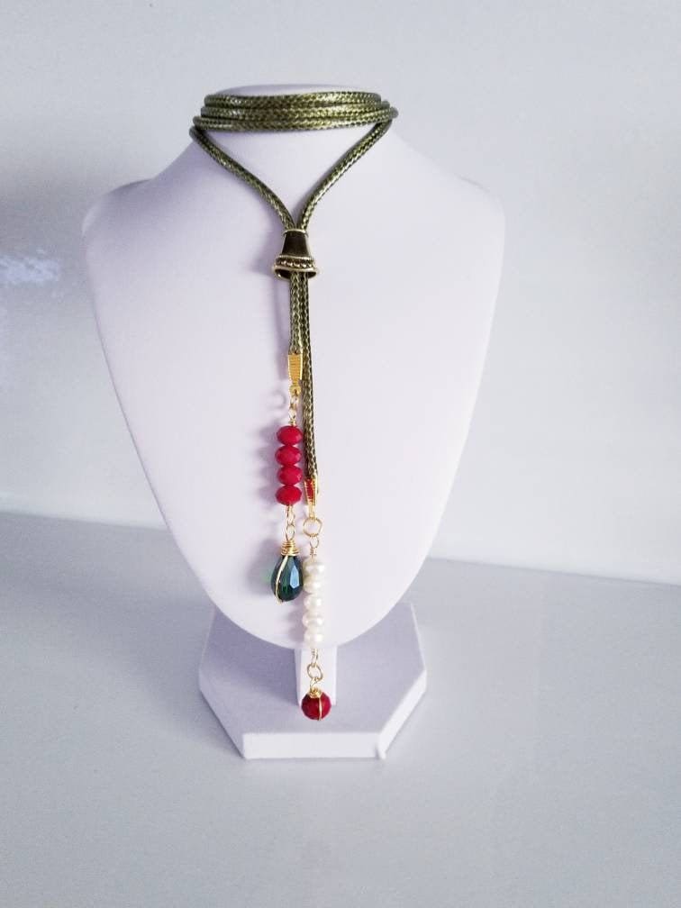 Lederkette, Leder Lariat Halskette, Boho Zierliche Edelstein Tropfen Kristall Geschenk Schmuck Halskette von JewerlyLizzFranco