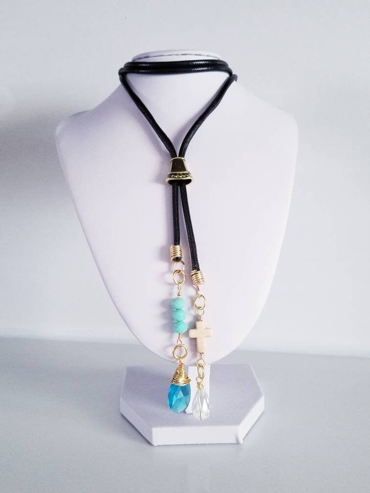 Lederkette, Leder Lariat Halskette, Boho Zierliche Edelstein Tropfen Kristall Geschenk Schmuck Halskette von JewerlyLizzFranco