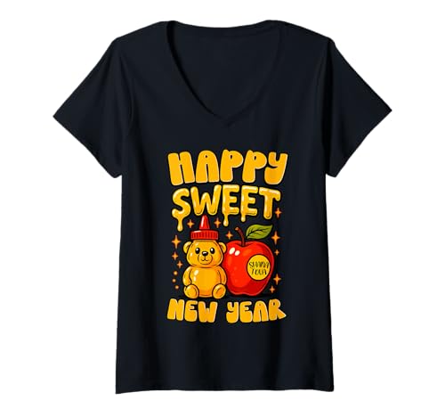 Damen Happy Sweet New Year Honey Bear Shana Tova Rosh Hashanah T-Shirt mit V-Ausschnitt von Jewish Holiday New Year Cute for Men Women Kids