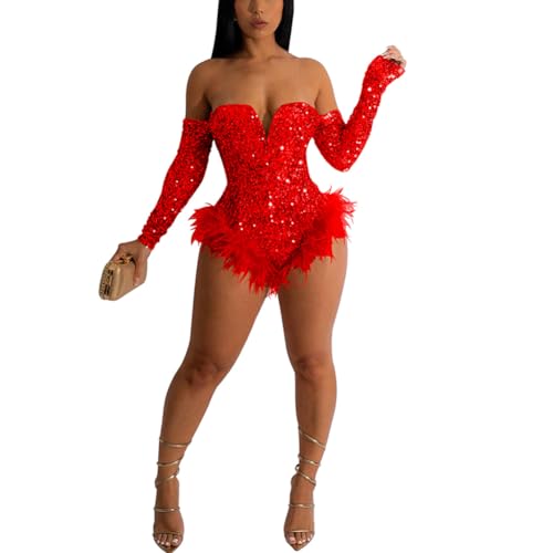 Jewlifinn Schulterfreier Pailletten-Jumpsuit für Damen, figurbetont, glitzernd, Federn, Turnanzug, Party, Clubwear, Glitzer-Body, Spielanzug, rot, 10-12 Jewlifinn Schulterfreier Pailletten-Jumpsuit für Damen, figurbetont, glitzernd, Federn, Turnanzug, Party, Clubwear, Glitzer-Body, Spielanzug, rot, 10-12 von Jewlifinn