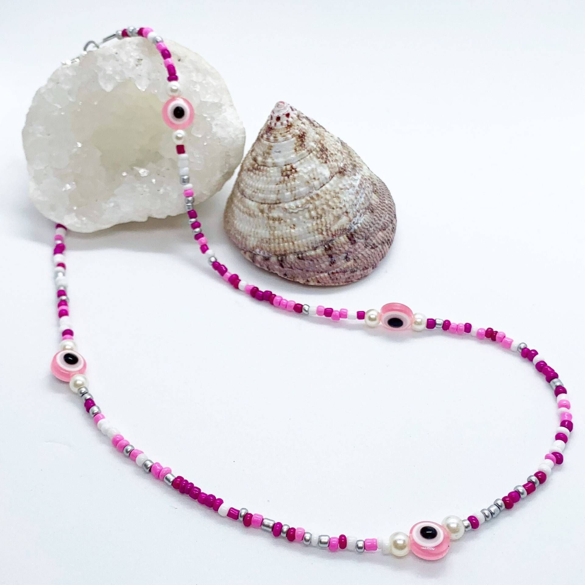 Evil Eye - Beaded Necklace | Pink Color Mix With White Pearls & Eyes von JewlsBySenija