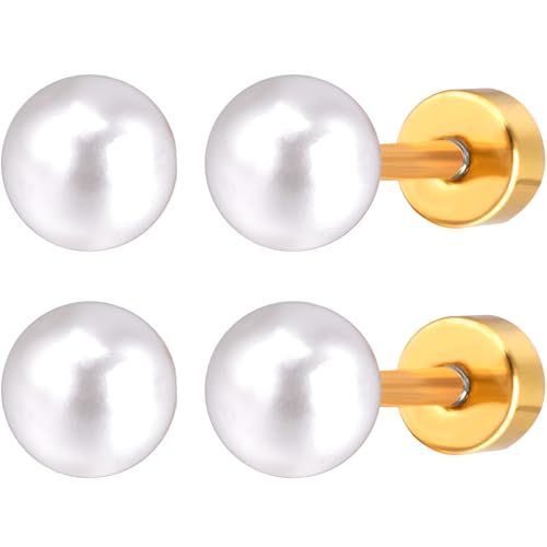 10 MM Perlen Ohrstecker Set 2 Paar Gold Edelstahl Perlenohrringe Helix Gesundheitsstecker Ohrringe Hypoallergene Flatback Stud Earrings Jewelry Flach Damenohrringe Schmuck für Damen Frauen von Jewlure
