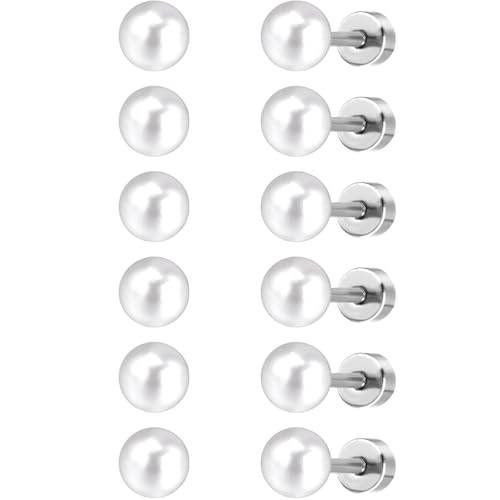 10 MM Perlen Ohrstecker Set 6 Paar Silber Edelstahl Perlenohrringe Helix Gesundheitsstecker Ohrringe Hypoallergene Flach Damenohrringe Schmuck Flatback Stud Earrings Jewelry für Damen Frauen von Jewlure