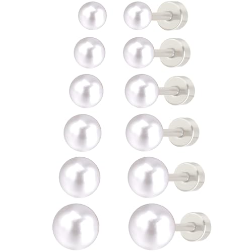 3-10 MM Perlen Ohrstecker Set 6 Paar Silber Edelstahl Perlenohrringe Helix Gesundheitsstecker Ohrringe Kit Hypoallergene Flatback Stud Earrings Jewelry Flach Damenohrringe Schmuck für Damen von Jewlure