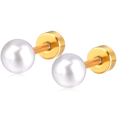 5 MM Perlen Ohrstecker 1 Paar Gold Edelstahl Perlenohrringe Helix Gesundheitsstecker Ohrringe Hypoallergene Flatback Stud Earrings Jewelry Flach Damenohrringe Schmuck für Damen Frauen von Jewlure