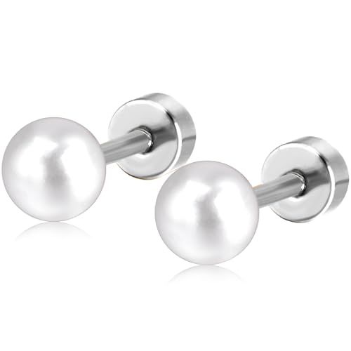 6 MM Perlen Ohrstecker 1 Paar Silber Edelstahl Perlenohrringe Helix Gesundheitsstecker Ohrringe Hypoallergene Flatback Stud Earrings Jewelry Flach Damenohrringe Schmuck für Damen Frauen von Jewlure