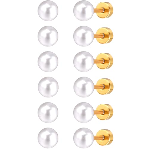 9 MM Perlen Ohrstecker Set 6 Paar Gold Edelstahl Perlenohrringe Helix Gesundheitsstecker Ohrringe Hypoallergene Flach Damenohrringe Schmuck Flatback Stud Earrings Jewelry für Damen Frauen von Jewlure