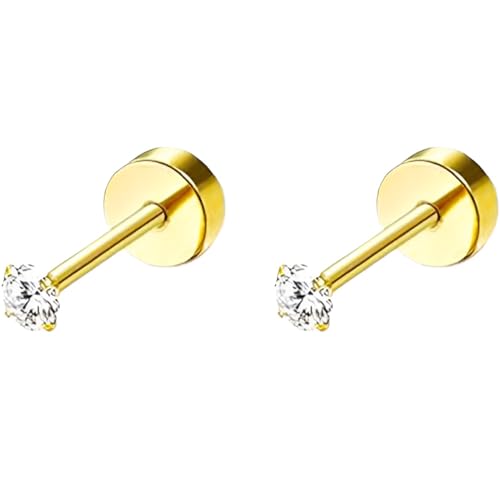 Edelstahl 3 mm Kreierter Zirkon Ohrstecker 1 Paar Gold Klein Ohrringe Hypoallergene Gesundheitsstecker Helix Flach Ohr Schmuck Damenohrringe Flatback Stud Earrings Jewelry für Damen Frauen von Jewlure