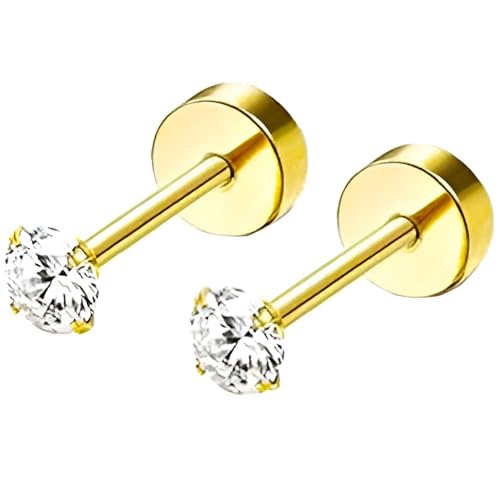 Edelstahl 3 mm Zirkon Ohrstecker 1 Paar Gold Ohrringe Helix Gesundheitsstecker Hypoallergene Flach Damenohrringe Ohr Schmuck Flatback Stud Earrings Jewelry für Damen Frauen von Jewlure