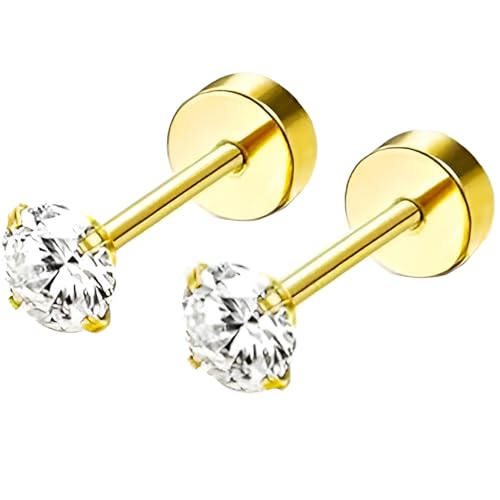 Edelstahl 4 mm Zirkon Ohrstecker 1 Paar Gold Ohrringe Helix Gesundheitsstecker Hypoallergene Flach Damenohrringe Ohr Schmuck Flatback Stud Earrings Jewelry für Damen Frauen von Jewlure