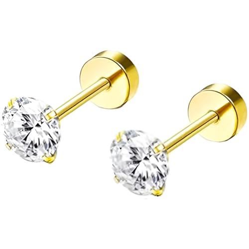 Edelstahl 5 mm Zirkon Ohrstecker 1 Paar Gold Ohrringe Helix Gesundheitsstecker Hypoallergene Flach Damenohrringe Ohr Schmuck Flatback Stud Earrings Jewelry für Damen Frauen von Jewlure