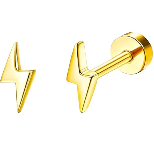 Edelstahl Blitzschlag Ohrstecker 1 Paar Gold Ohrringe Helix Gesundheitsstecker Hypoallergene Flach Damenohrringe Ohr Schmuck Flatback Stud Earrings Jewelry für Damen Frauen von Jewlure