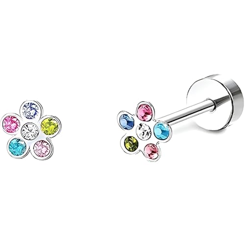 Edelstahl Blumen Farbe Zircon Ohrstecker 1 Paar Silber Ohrringe Helix Gesundheitsstecker Hypoallergene Flach Damenohrringe Ohr Schmuck Flatback Stud Earrings Jewelry für Damen Frauen von Jewlure