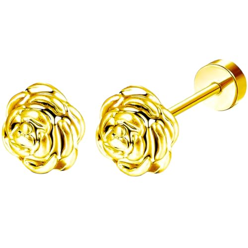 Edelstahl Blumen Ohrstecker 1 Paar Gold Ohrringe Helix Gesundheitsstecker Hypoallergene Flach Damenohrringe Ohr Schmuck Flatback Stud Earrings Jewelry für Damen Frauen von Jewlure