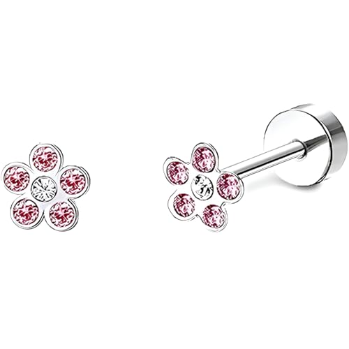Edelstahl Blumen Rosa Zircon Ohrstecker 1 Paar Silber Ohrringe Helix Gesundheitsstecker Hypoallergene Flach Damenohrringe Ohr Schmuck Flatback Stud Earrings Jewelry für Damen Frauen von Jewlure