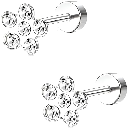 Edelstahl Blumen Weiß Zircon Ohrstecker 1 Paar Silber Ohrringe Helix Gesundheitsstecker Hypoallergene Flach Damenohrringe Ohr Schmuck Flatback Stud Earrings Jewelry für Damen Frauen von Jewlure