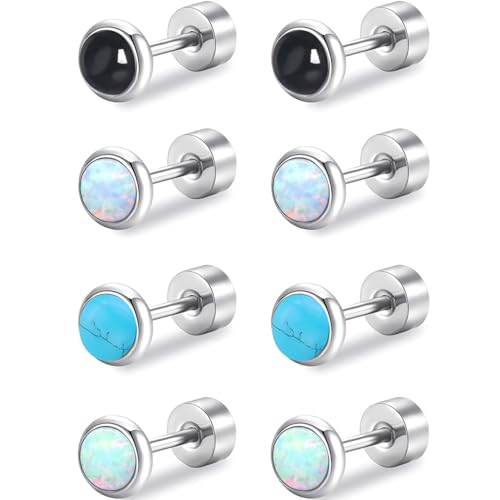 Edelstahl Edelsteine Ohrstecker Set 4 Paar Silber Klein Ohrringe Hypoallergene Helix Flach Ohr Schmuck Damenohrringe Flatback Stud Earrings Jewelry für Damen Frauen von Jewlure