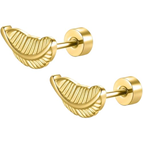 Edelstahl Feder Ohrstecker 1 Paar Gold Klein Ohrringe Helix Hypoallergene Flach Damenohrringe Ohr Schmuck Flatback Stud Earrings Jewelry für Damen Frauen von Jewlure