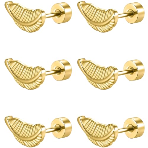 Edelstahl Feder Ohrstecker Set 3 Paar Gold Klein Ohrringe Helix Hypoallergene Flach Damenohrringe Ohr Schmuck Flatback Stud Earrings Jewelry für Damen Frauen von Jewlure