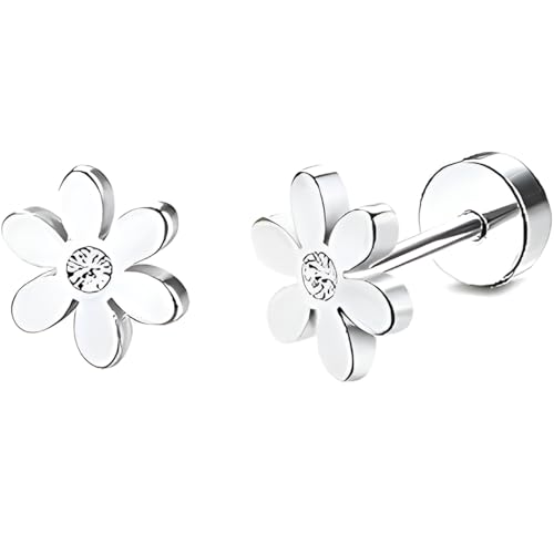 Edelstahl Gänseblümchen Ohrstecker 1 Paar Silber Ohrringe Helix Gesundheitsstecker Hypoallergene Flach Damenohrringe Ohr Schmuck Flatback Stud Earrings Jewelry für Damen Frauen von Jewlure