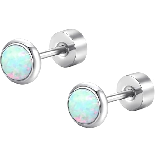 Edelstahl Hellgrün Opal Ohrstecker 1 Paar Silber Klein Ohrringe Hypoallergene Helix Flach Ohr Schmuck Damenohrringe Flatback Stud Earrings Jewelry für Damen Frauen von Jewlure