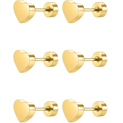 Edelstahl Herz Ohrstecker Set 3 Paar Gold Klein Ohrringe Helix Hypoallergene Flach Damenohrringe Ohr Schmuck Flatback Stud Earrings Jewelry für Damen Frauen von Jewlure
