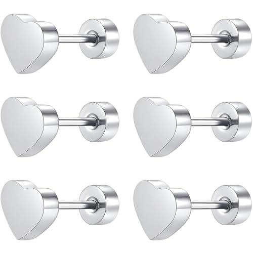 Edelstahl Herz Ohrstecker Set 3 Paar Silber Klein Ohrringe Helix Hypoallergene Flach Damenohrringe Ohr Schmuck Flatback Stud Earrings Jewelry für Damen Frauen von Jewlure