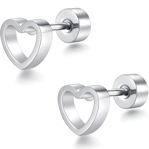 Edelstahl Hohles Herz Ohrstecker 1 Paar Silber Klein Ohrringe Helix Hypoallergene Flach Damenohrringe Ohr Schmuck Flatback Stud Earrings Jewelry für Damen Frauen von Jewlure