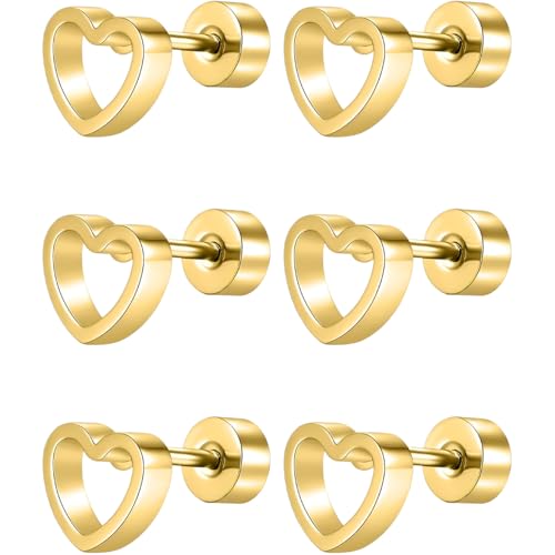Edelstahl Hohles Herz Ohrstecker Set 3 Paar Gold Klein Ohrringe Helix Hypoallergene Flach Damenohrringe Ohr Schmuck Flatback Stud Earrings Jewelry für Damen Frauen von Jewlure