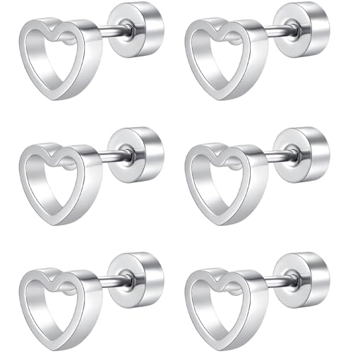 Edelstahl Hohles Herz Ohrstecker Set 3 Paar Silber Klein Ohrringe Helix Hypoallergene Flach Damenohrringe Ohr Schmuck Flatback Stud Earrings Jewelry für Damen Frauen von Jewlure