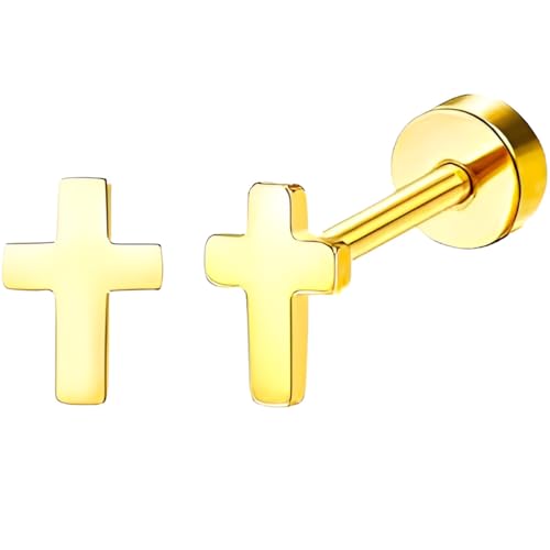 Edelstahl Kreuz Ohrstecker 1 Paar Gold Klein Ohrringe Hypoallergene Helix Flach Ohr Schmuck Damenohrringe Flatback Stud Earrings Jewelry für Frauen Damen Herren von Jewlure