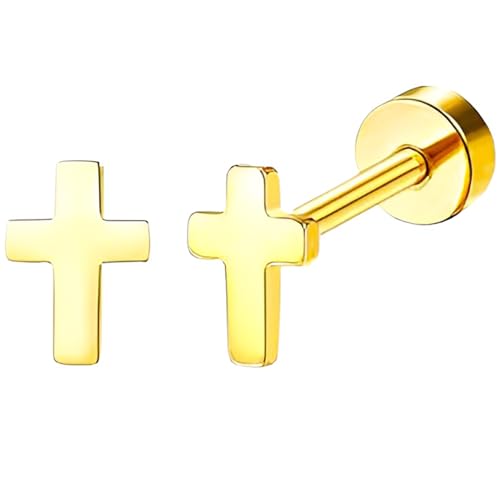 Edelstahl Kreuz Ohrstecker 1 Paar Gold Ohrringe Helix Gesundheitsstecker Hypoallergene Flach Damenohrringe Ohr Schmuck Flatback Stud Earrings Jewelry für Damen Frauen von Jewlure