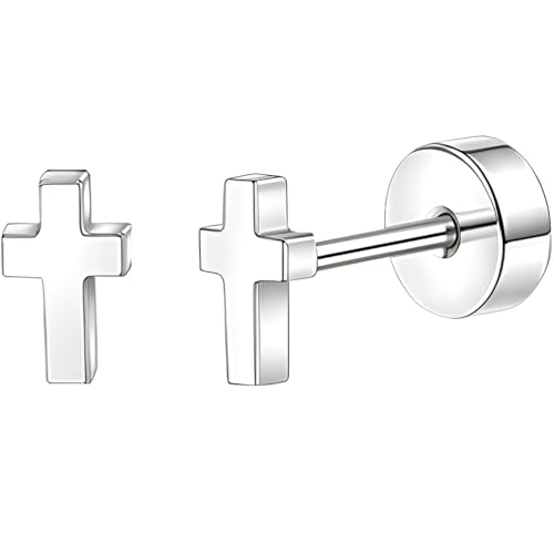 Edelstahl Kreuz Ohrstecker 1 Paar Silber Ohrringe Helix Gesundheitsstecker Hypoallergene Flach Damenohrringe Ohr Schmuck Flatback Stud Earrings Jewelry für Damen Frauen von Jewlure