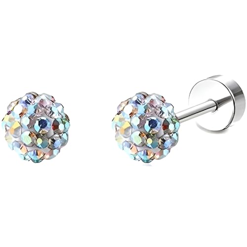 Edelstahl Kugel Farbe Zircon Ohrstecker 1 Paar Silber Ohrringe Helix Gesundheitsstecker Hypoallergene Flach Damenohrringe Ohr Schmuck Flatback Stud Earrings Jewelry für Damen Frauen von Jewlure