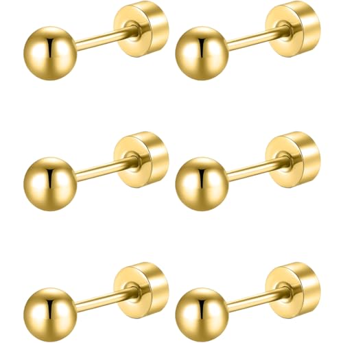 Edelstahl Kugel Ohrstecker Set 3 Paar Gold Klein Ohrringe Helix Hypoallergene Flach Damenohrringe Ohr Schmuck Flatback Stud Earrings Jewelry für Damen Frauen von Jewlure