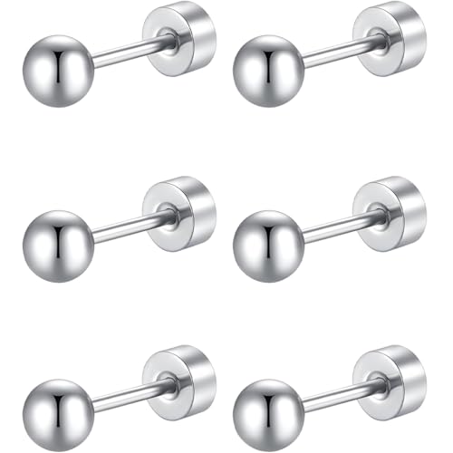 Edelstahl Kugel Ohrstecker Set 3 Paar Silber Klein Ohrringe Helix Hypoallergene Flach Damenohrringe Ohr Schmuck Flatback Stud Earrings Jewelry für Damen Frauen von Jewlure