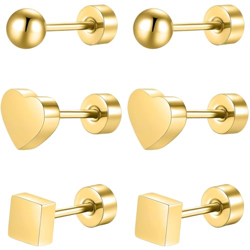 Edelstahl Kugel Platz Herz Ohrstecker Set 3 Paar Gold Klein Ohrringe Helix Hypoallergene Flach Damenohrringe Ohr Schmuck Flatback Stud Earrings Jewelry für Damen Frauen von Jewlure